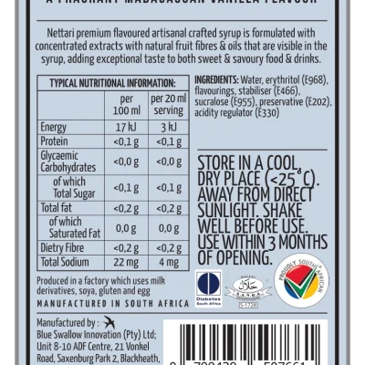 Nettari 750ML - Vanilla � Sugar Free FA Nettari Instabean Vanilla Syrup Ingredients