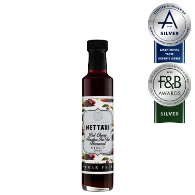 Syrup 750ml Red Cherry Ice Tea Sugar Free Front Low Res with icons Awards